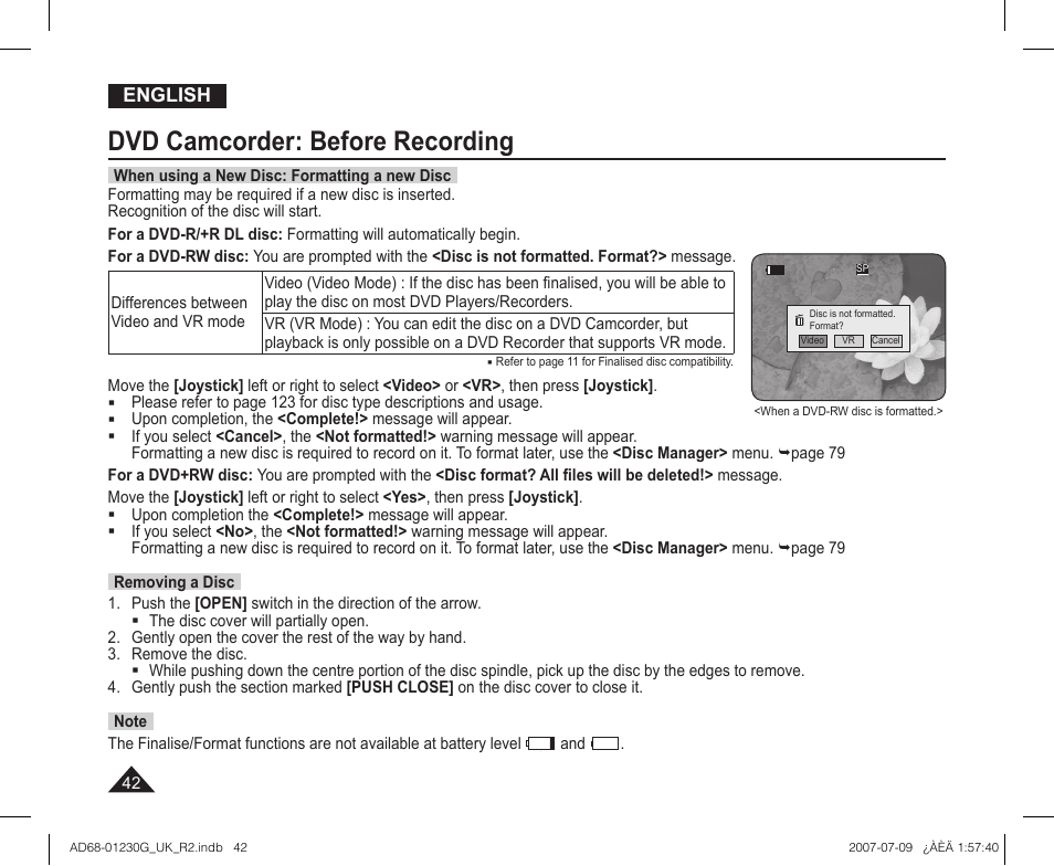 Dvd camcorder: before recording | Samsung DC575WI User Manual | Page 42 / 132