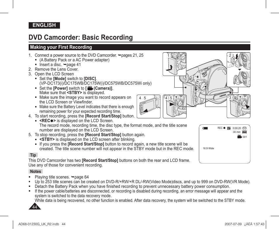 Dvd camcorder: basic recording, Making your first recording | Samsung DC575WI User Manual | Page 44 / 132