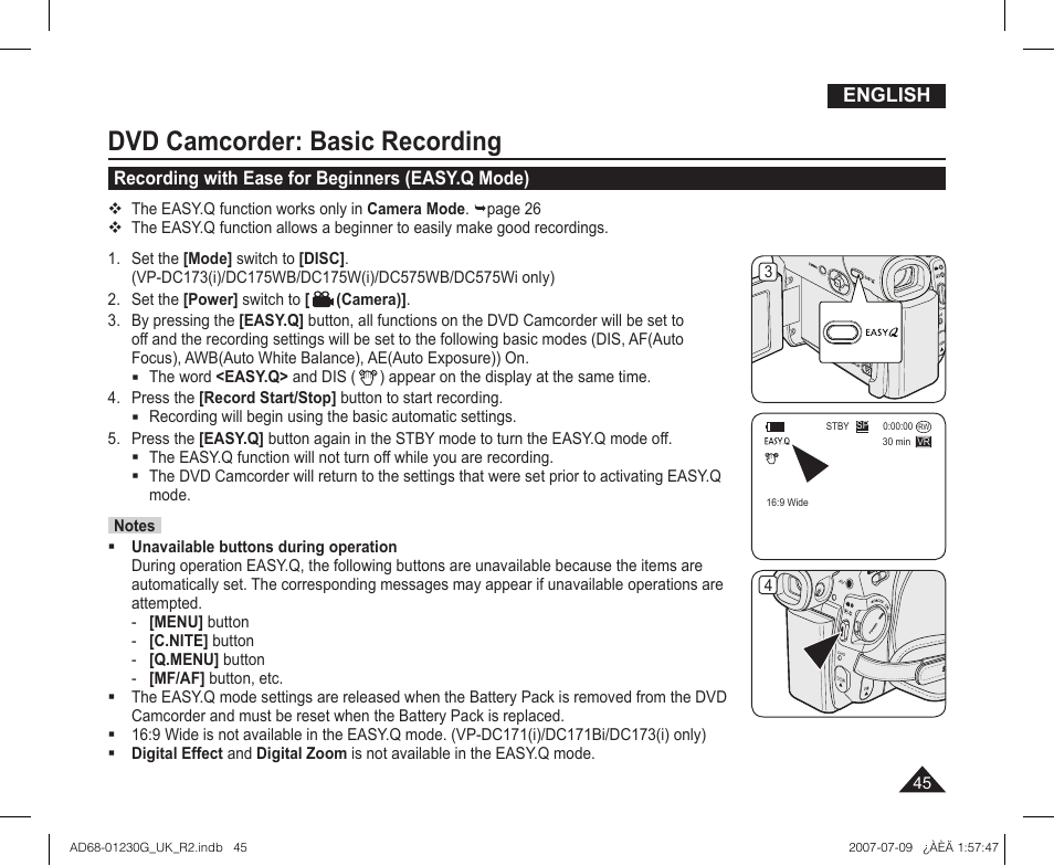 Recording with ease for beginners (easy.q mode), Dvd camcorder: basic recording | Samsung DC575WI User Manual | Page 45 / 132