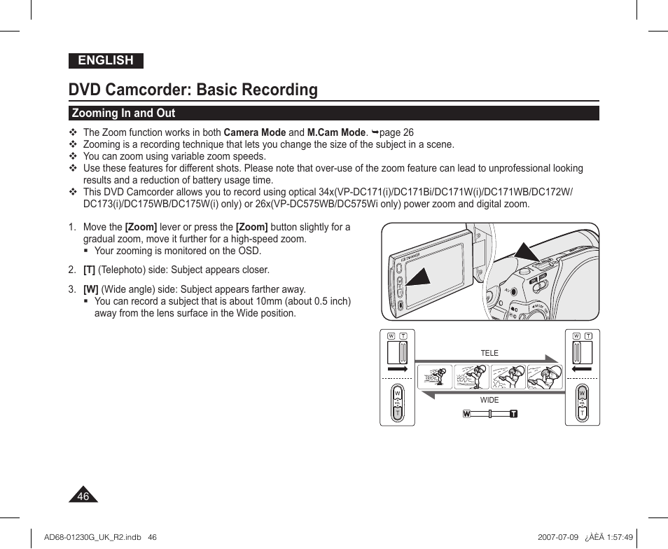 Zooming in and out, Dvd camcorder: basic recording | Samsung DC575WI User Manual | Page 46 / 132