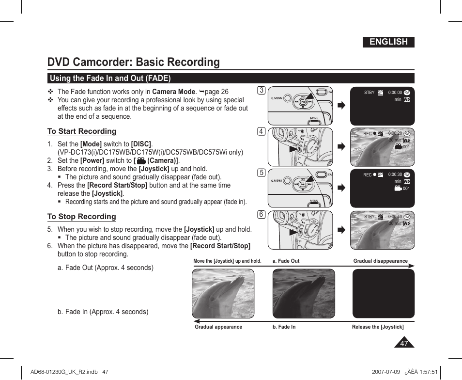 Using the fade in and out (fade), Dvd camcorder: basic recording, English | Samsung DC575WI User Manual | Page 47 / 132