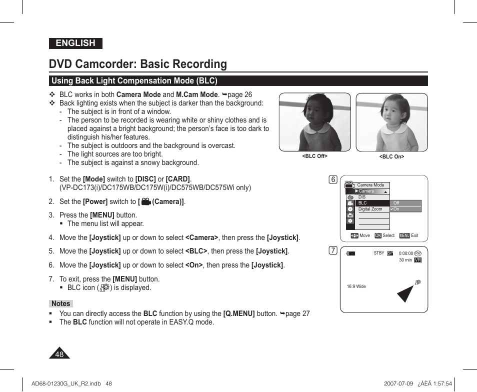 Using back light compensation mode (blc), Dvd camcorder: basic recording, English | Samsung DC575WI User Manual | Page 48 / 132