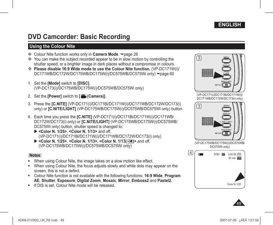 Using the colour nite, Dvd camcorder: basic recording | Samsung DC575WI User Manual | Page 49 / 132