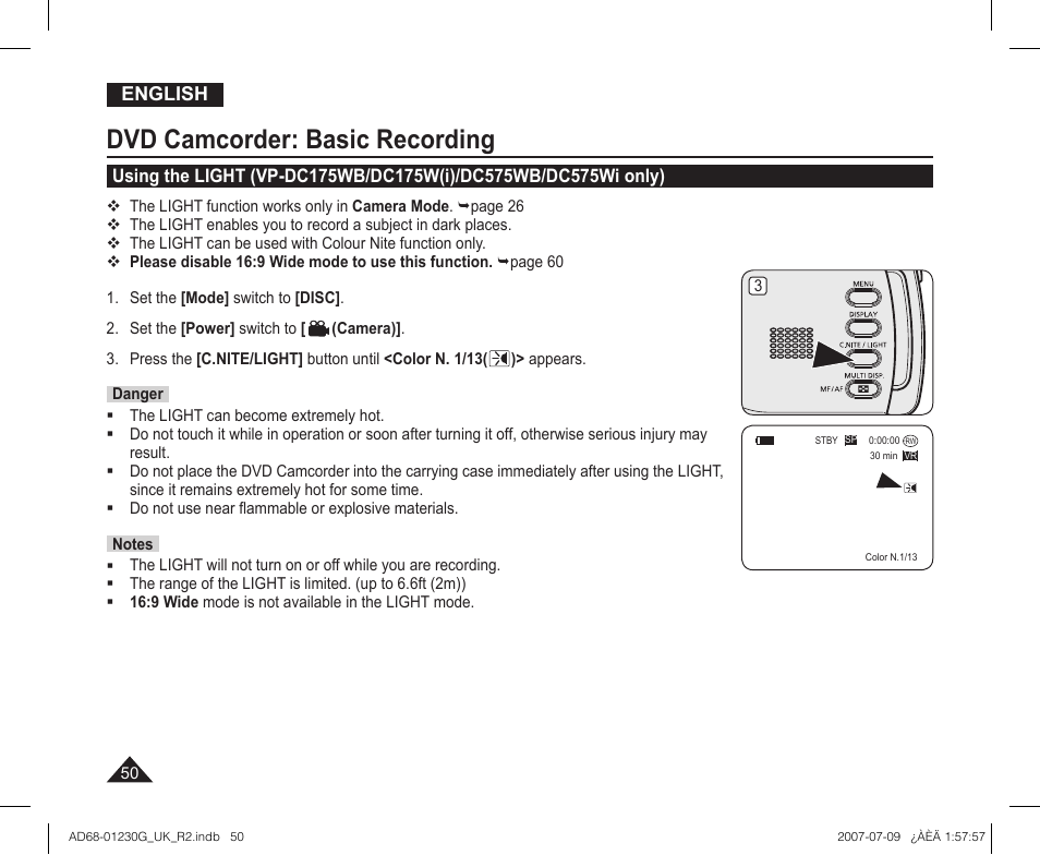 Dvd camcorder: basic recording | Samsung DC575WI User Manual | Page 50 / 132