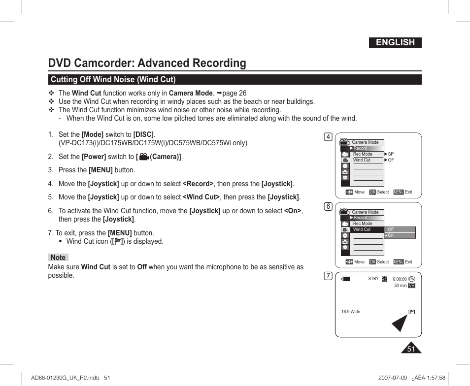 Dvd camcorder: advanced recording, Cutting off wind noise (wind cut), English | Samsung DC575WI User Manual | Page 51 / 132