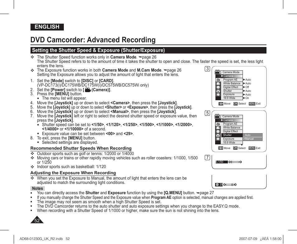Dvd camcorder: advanced recording, English | Samsung DC575WI User Manual | Page 52 / 132