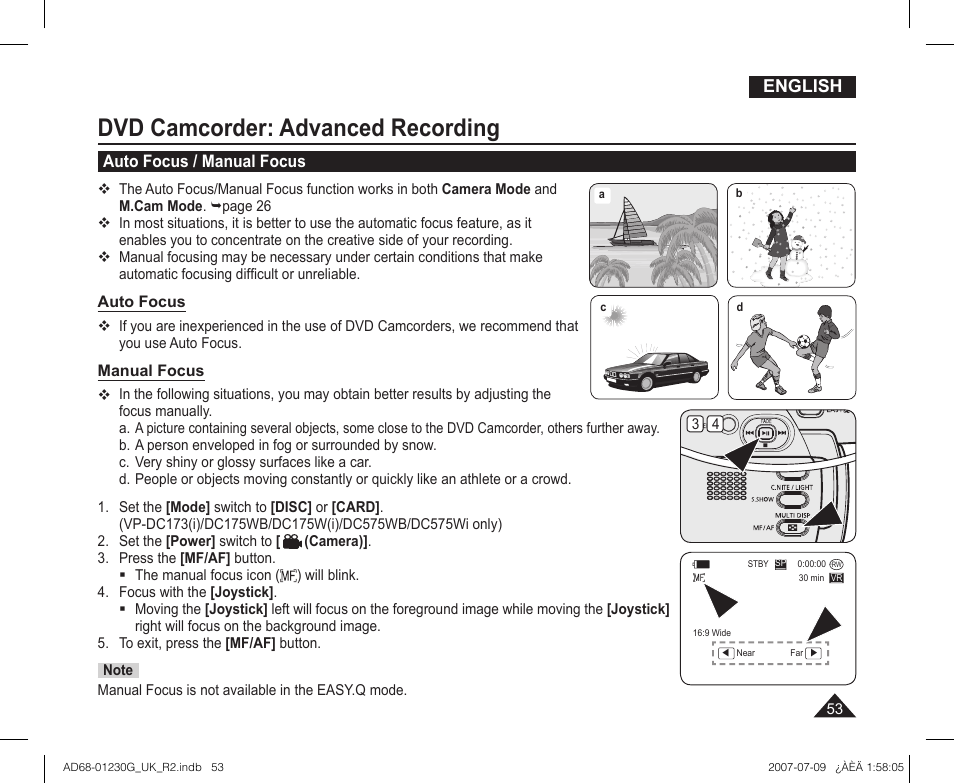 Auto focus / manual focus, Dvd camcorder: advanced recording | Samsung DC575WI User Manual | Page 53 / 132