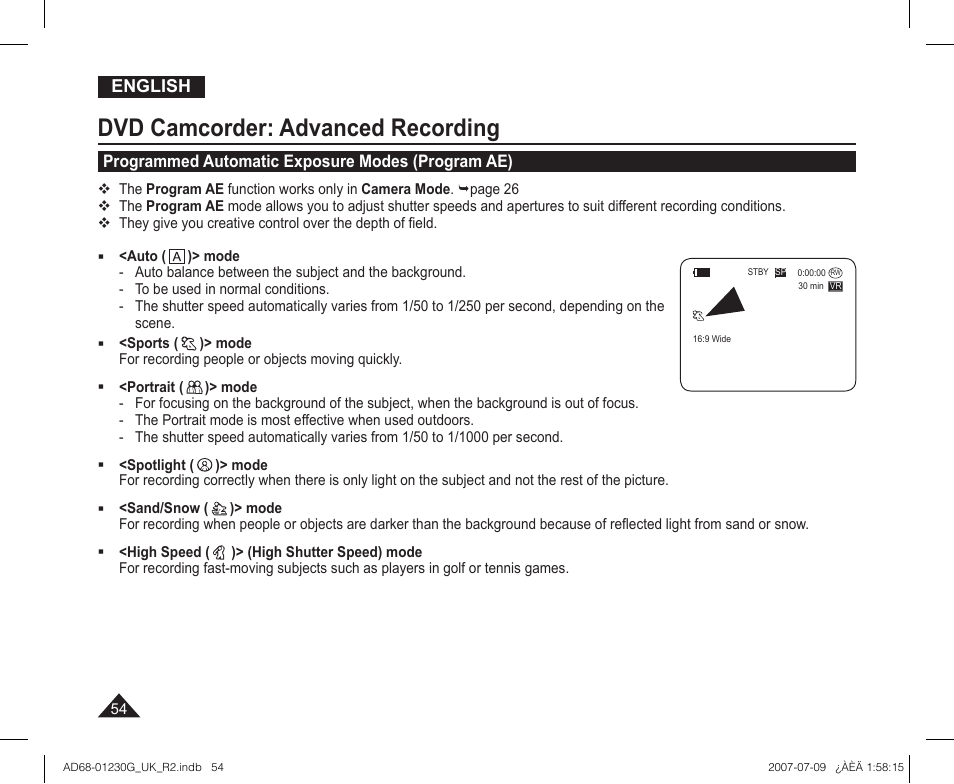 Programmed automatic exposure modes (program ae), Dvd camcorder: advanced recording | Samsung DC575WI User Manual | Page 54 / 132