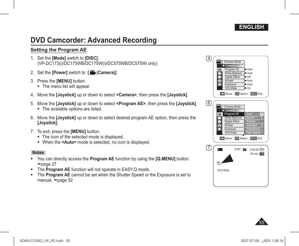 Dvd camcorder: advanced recording, English, Setting the program ae | Samsung DC575WI User Manual | Page 55 / 132