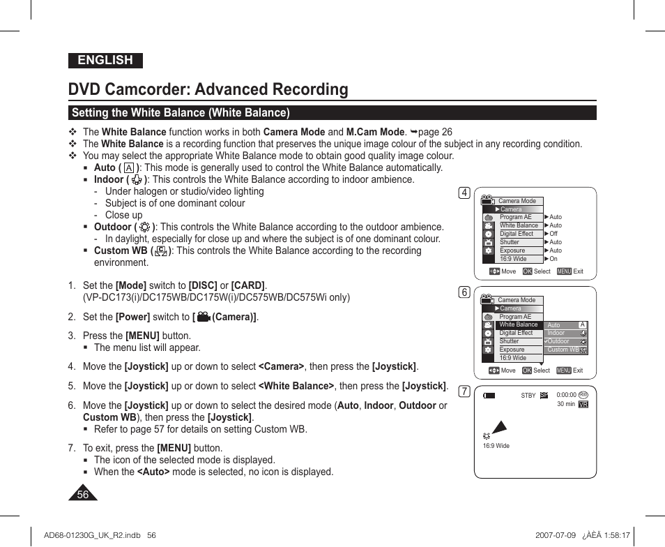 Setting the white balance (white balance), Dvd camcorder: advanced recording, English | Samsung DC575WI User Manual | Page 56 / 132