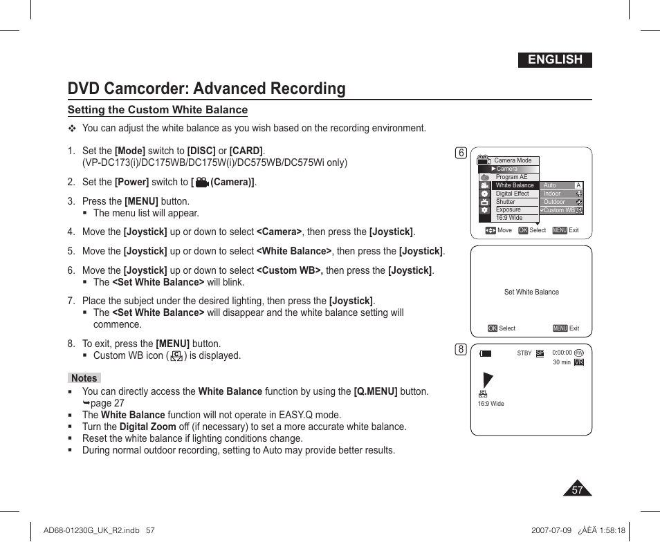 Dvd camcorder: advanced recording, English | Samsung DC575WI User Manual | Page 57 / 132