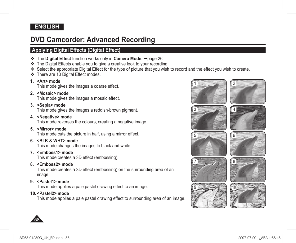 Applying digital effects (digital effect), Dvd camcorder: advanced recording | Samsung DC575WI User Manual | Page 58 / 132