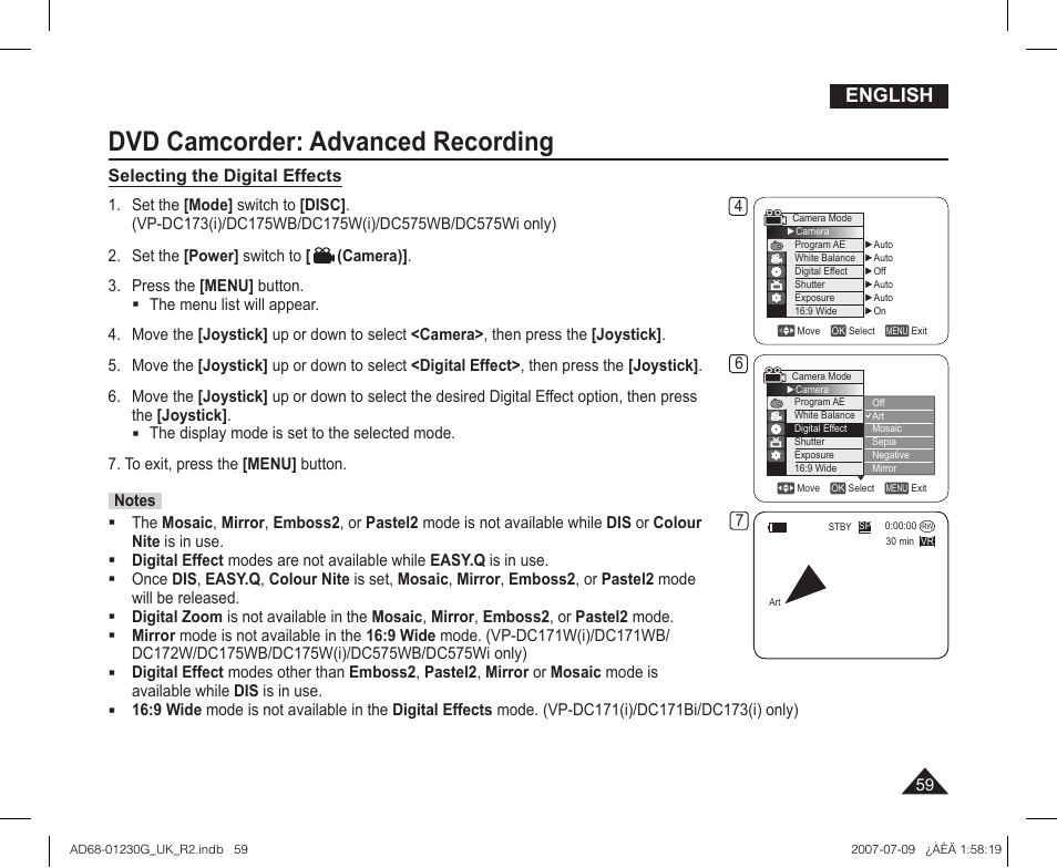 Dvd camcorder: advanced recording, English, Selecting the digital effects | Samsung DC575WI User Manual | Page 59 / 132