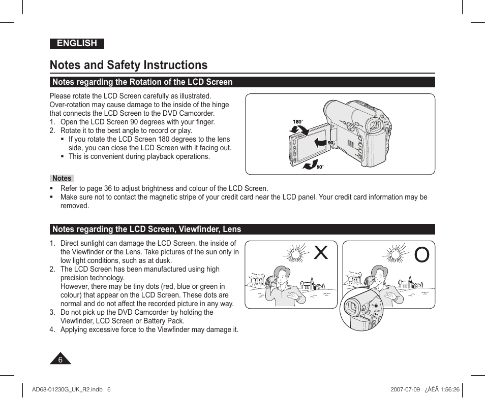 Notes and safety instructions, Notes regarding the rotation of the lcd screen, Notes regarding the lcd screen, viewfinder, lens | Samsung DC575WI User Manual | Page 6 / 132