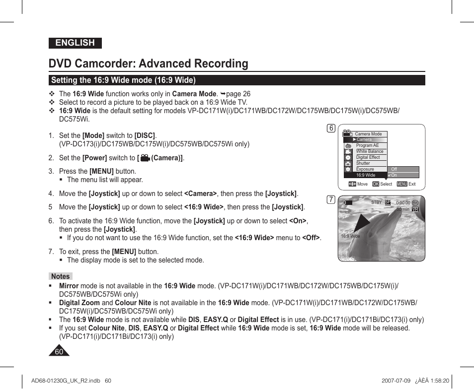 Setting the 16:9 wide mode (16:9 wide), Dvd camcorder: advanced recording, English | Samsung DC575WI User Manual | Page 60 / 132