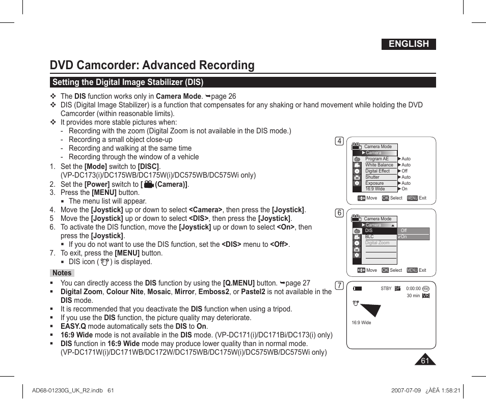 Setting the digital image stabilizer (dis), Dvd camcorder: advanced recording, English | Samsung DC575WI User Manual | Page 61 / 132