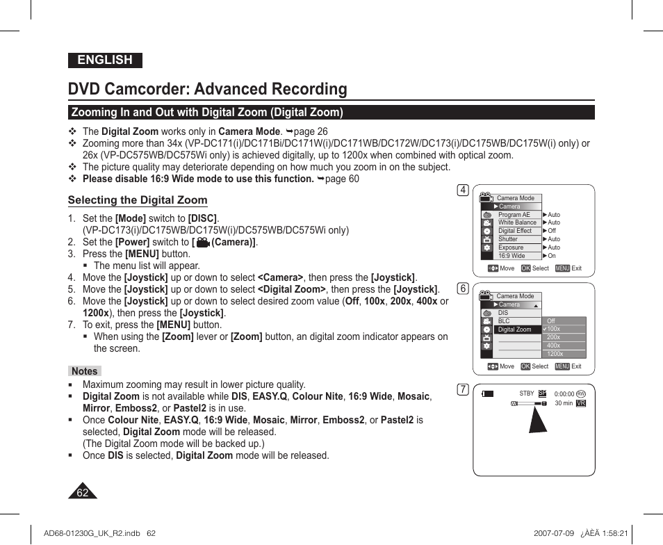 Dvd camcorder: advanced recording, English, Selecting the digital zoom | Samsung DC575WI User Manual | Page 62 / 132