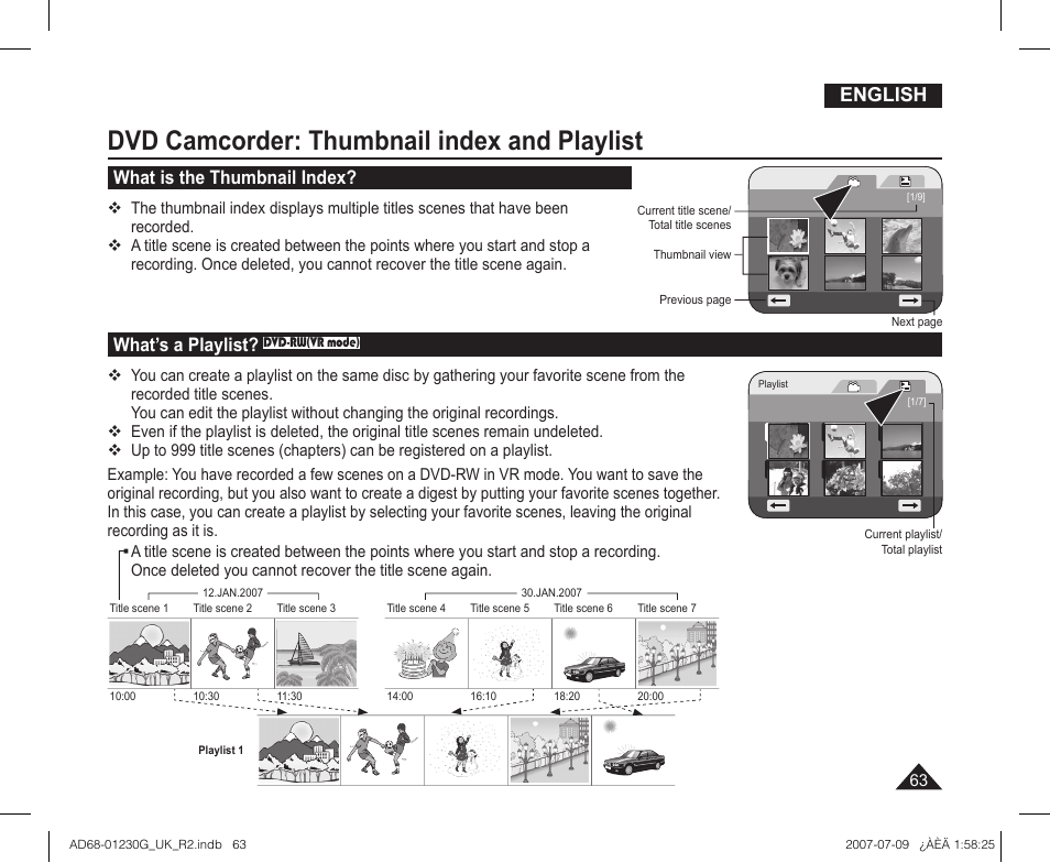 Dvd camcorder: thumbnail index and playlist, What is the thumbnail index, What’s a playlist? dvd-rw(vr mode) | English, What’s a playlist | Samsung DC575WI User Manual | Page 63 / 132