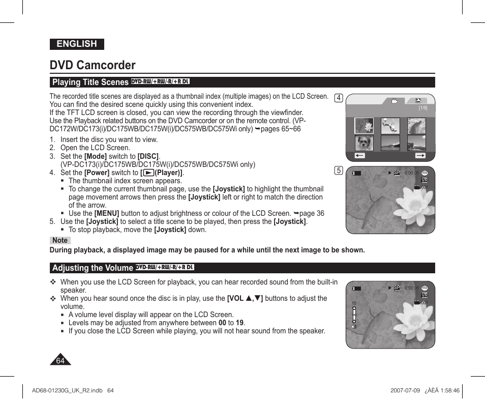 Dvd camcorder, Playing title scenes dvd-rw/+rw/-r/+r dl, Adjusting the volume dvd-rw/+rw/-r/+r dl | Samsung DC575WI User Manual | Page 64 / 132