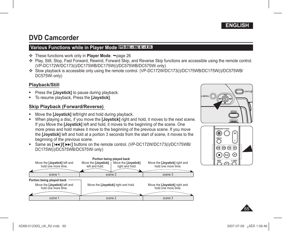 Dvd camcorder, English, Various functions while in player mode | Samsung DC575WI User Manual | Page 65 / 132