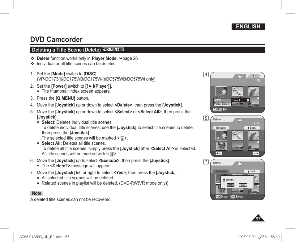 Deleting a title scene (delete) dvd -rw/+rw, Dvd camcorder, English | Deleting a title scene (delete) | Samsung DC575WI User Manual | Page 67 / 132