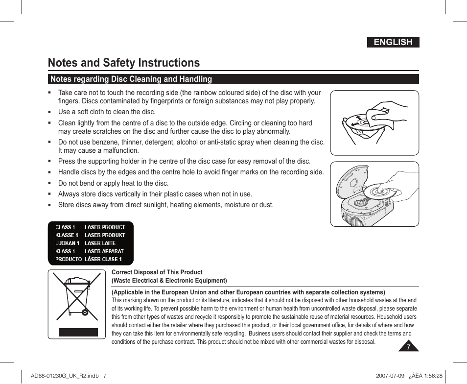 Notes regarding disc cleaning and handling | Samsung DC575WI User Manual | Page 7 / 132