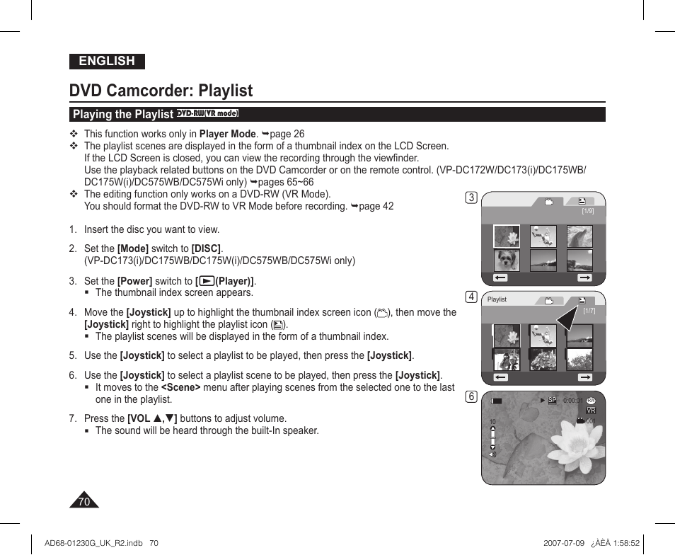 Playing the playlist dvd-rw(vr mode), Dvd camcorder: playlist | Samsung DC575WI User Manual | Page 70 / 132