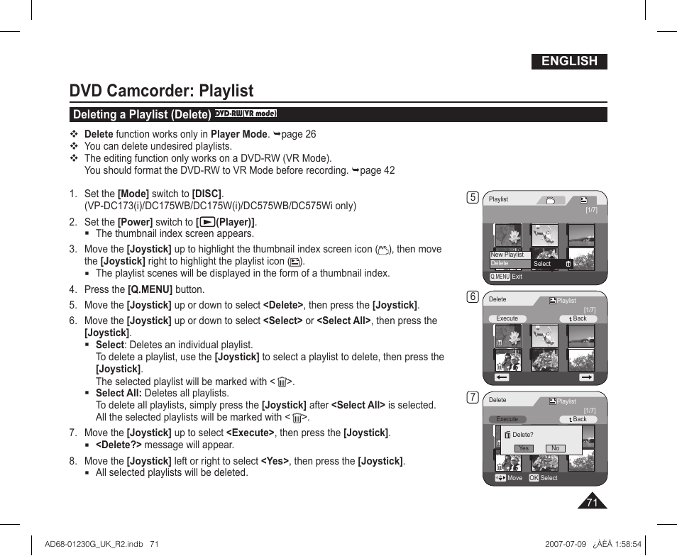 Deleting a playlist (delete) dvd-rw(vr mode), Dvd camcorder: playlist, English | Deleting a playlist (delete) | Samsung DC575WI User Manual | Page 71 / 132