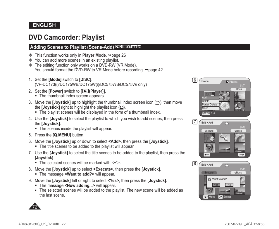 Dvd camcorder: playlist, English, Adding scenes to playlist (scene-add) | Samsung DC575WI User Manual | Page 72 / 132