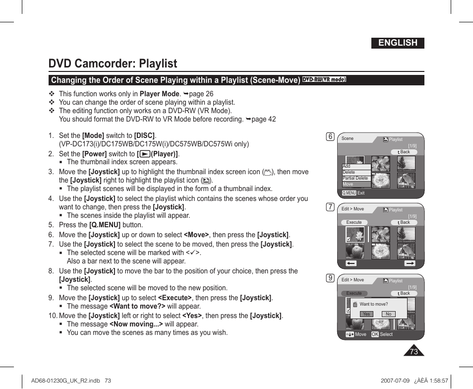 Dvd camcorder: playlist, English | Samsung DC575WI User Manual | Page 73 / 132