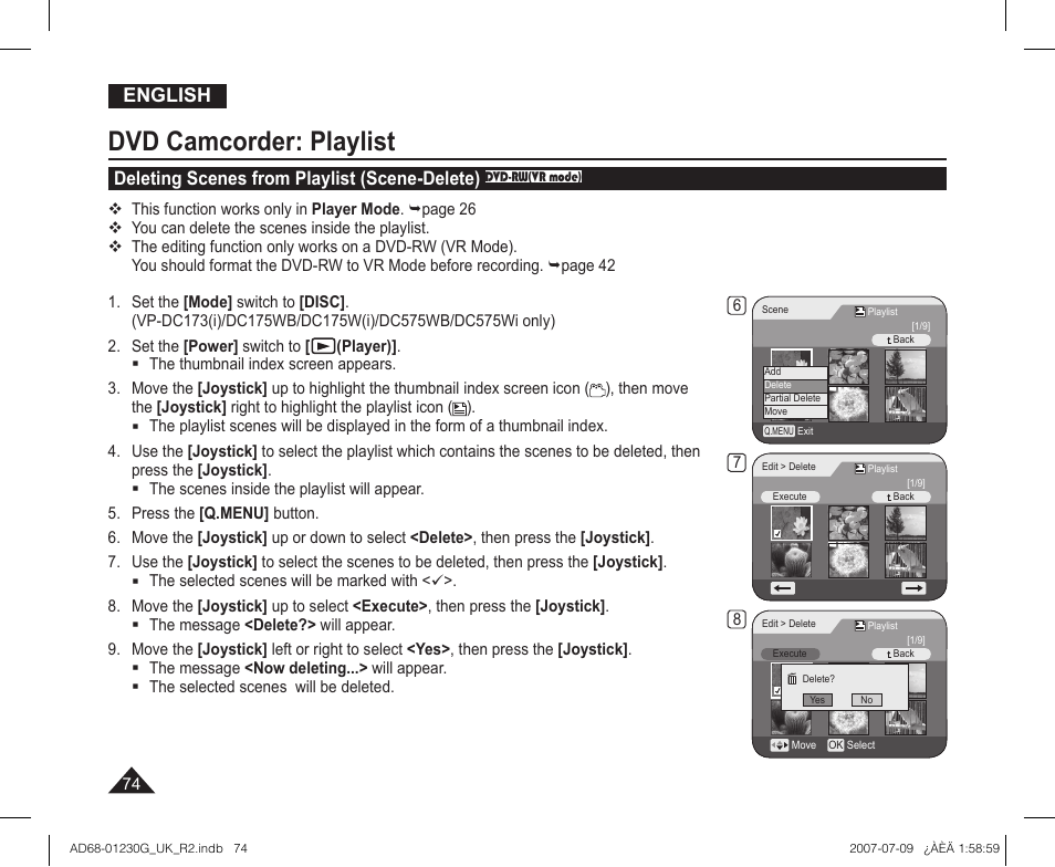 Dvd camcorder: playlist, English, Deleting scenes from playlist (scene-delete) | Samsung DC575WI User Manual | Page 74 / 132