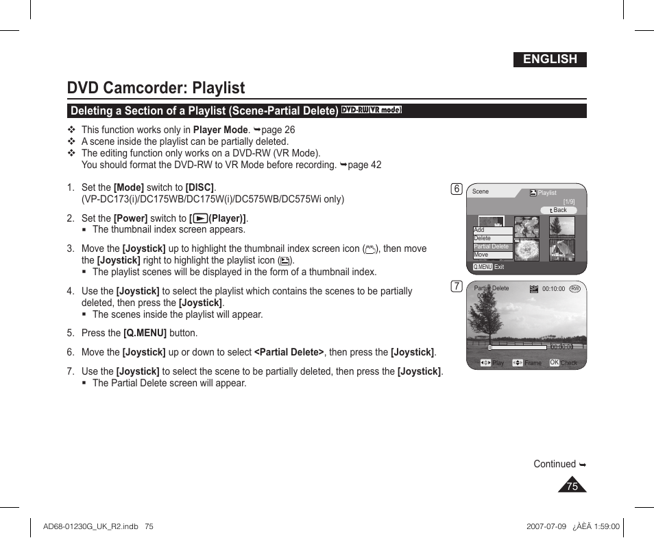 Dvd camcorder: playlist, English | Samsung DC575WI User Manual | Page 75 / 132