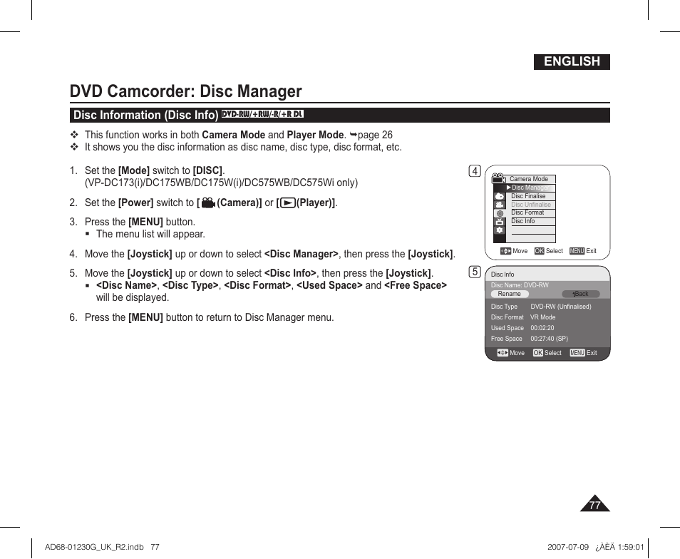 Dvd camcorder: disc manager, Disc information (disc info) dvd-rw/+rw/-r/+r dl, English | Disc information (disc info) | Samsung DC575WI User Manual | Page 77 / 132