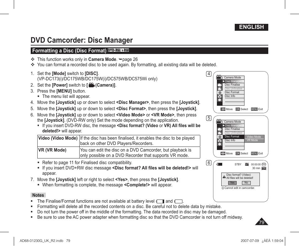 Formatting a disc (disc format) dvd-rw/+rw, Dvd camcorder: disc manager, English | Formatting a disc (disc format) | Samsung DC575WI User Manual | Page 79 / 132