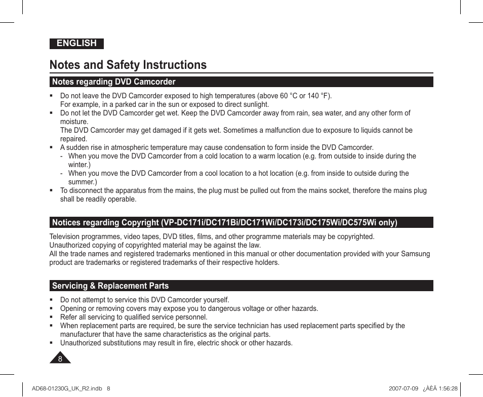 Notes regarding dvd camcorder, Servicing & replacement parts | Samsung DC575WI User Manual | Page 8 / 132