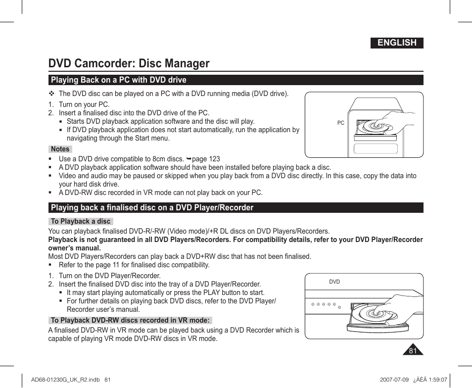 Playing back on a pc with dvd drive, Dvd camcorder: disc manager | Samsung DC575WI User Manual | Page 81 / 132