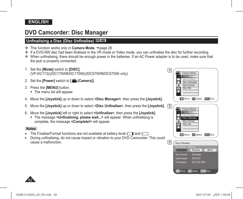 Unfinalising a disc (disc unfinalise) dvd-rw, Dvd camcorder: disc manager, English | Unﬁnalising a disc (disc unﬁnalise) | Samsung DC575WI User Manual | Page 82 / 132
