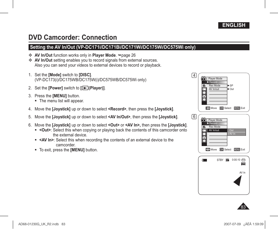 Dvd camcorder: connection, English | Samsung DC575WI User Manual | Page 83 / 132
