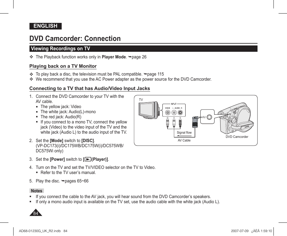 Viewing recordings on tv, Dvd camcorder: connection | Samsung DC575WI User Manual | Page 84 / 132