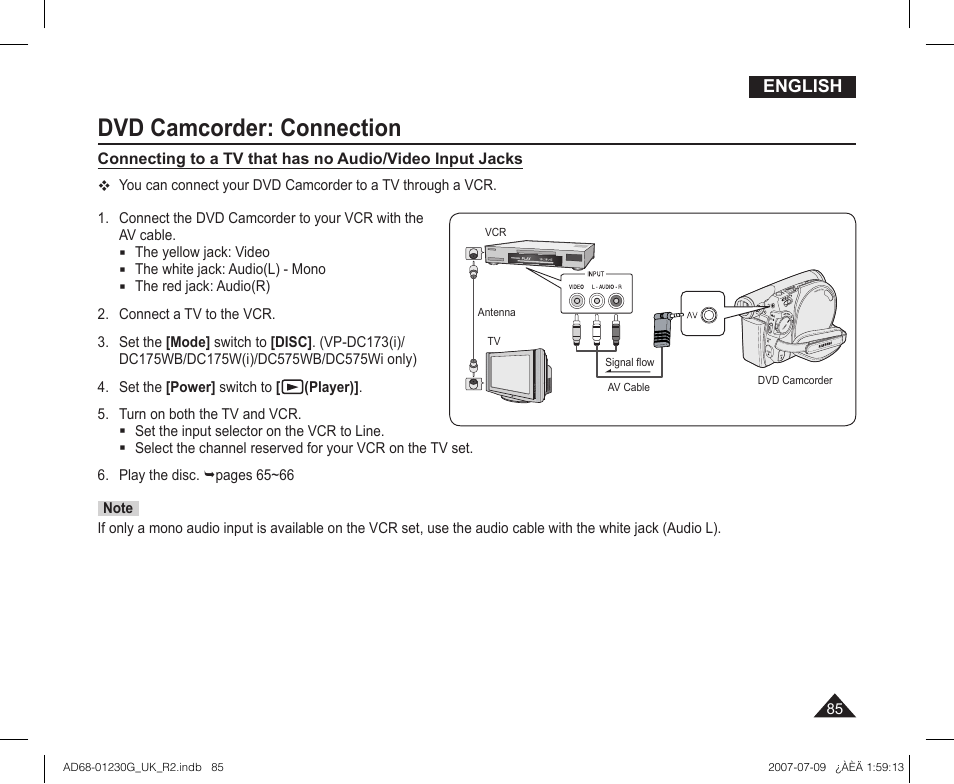 Dvd camcorder: connection | Samsung DC575WI User Manual | Page 85 / 132