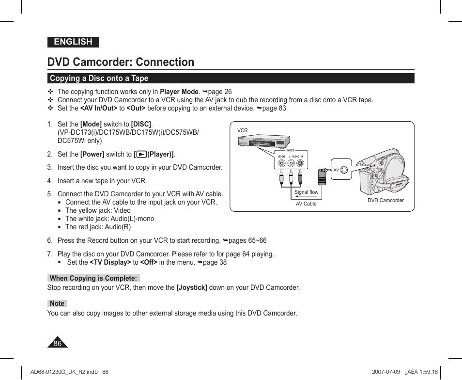 Copying a disc onto a tape, Dvd camcorder: connection | Samsung DC575WI User Manual | Page 86 / 132