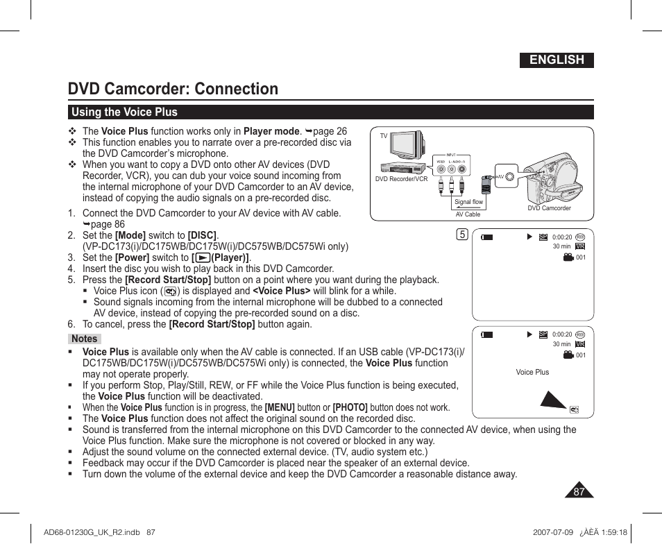 Using the voice plus, Dvd camcorder: connection, English | Samsung DC575WI User Manual | Page 87 / 132