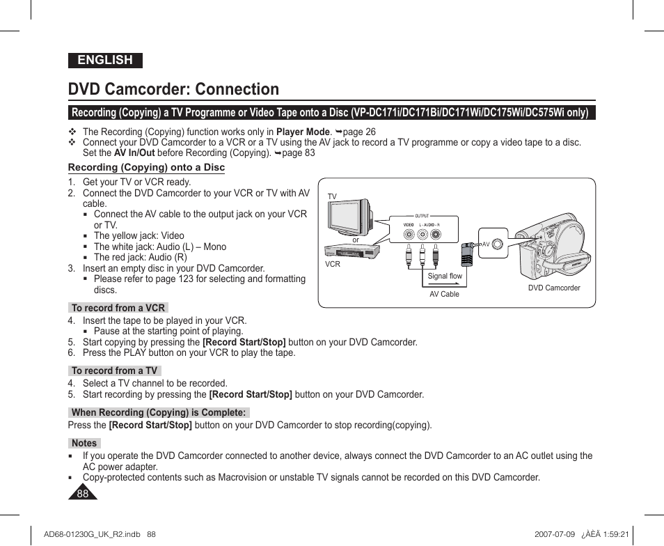 Dvd camcorder: connection | Samsung DC575WI User Manual | Page 88 / 132