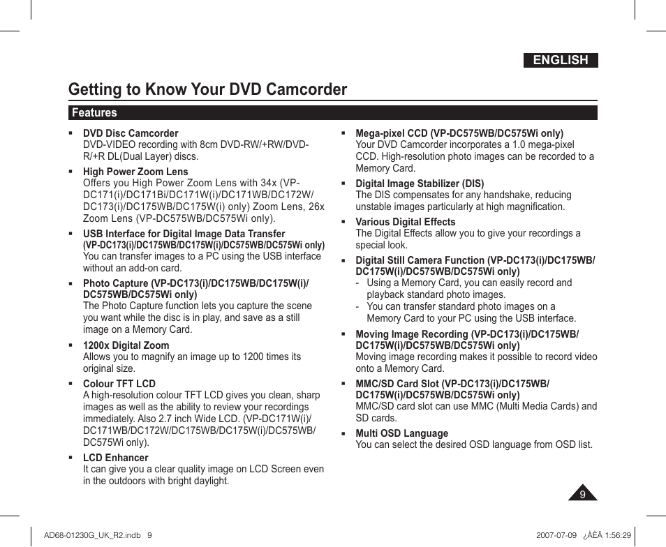 Getting to know your dvd camcorder, Features | Samsung DC575WI User Manual | Page 9 / 132