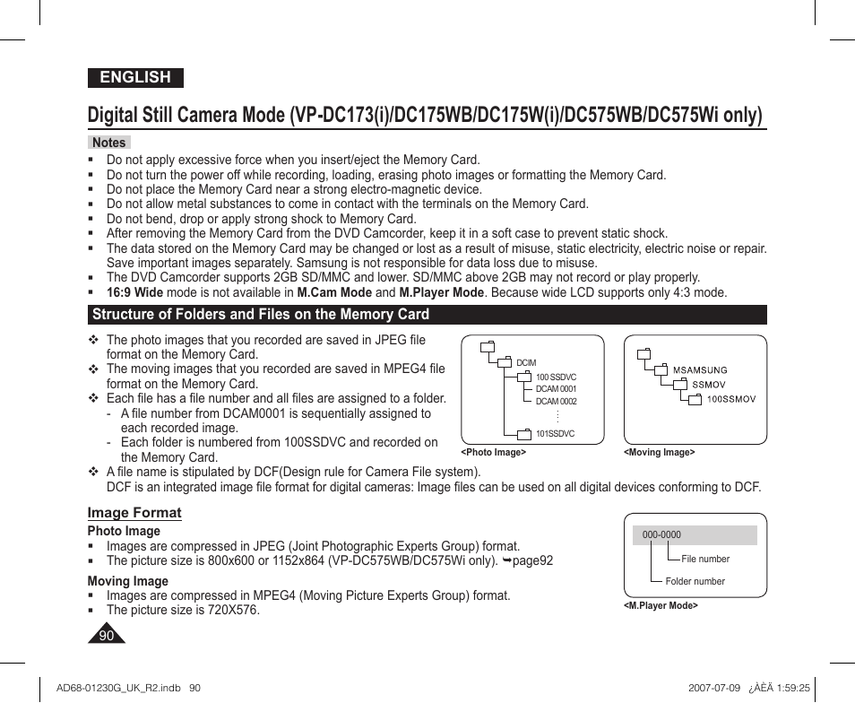 Structure of folders and files on the memory card | Samsung DC575WI User Manual | Page 90 / 132