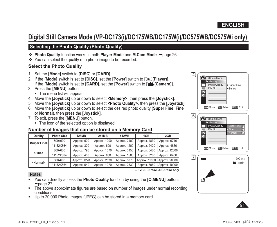 Selecting the photo quality (photo quality), English, Select the photo quality | Samsung DC575WI User Manual | Page 91 / 132