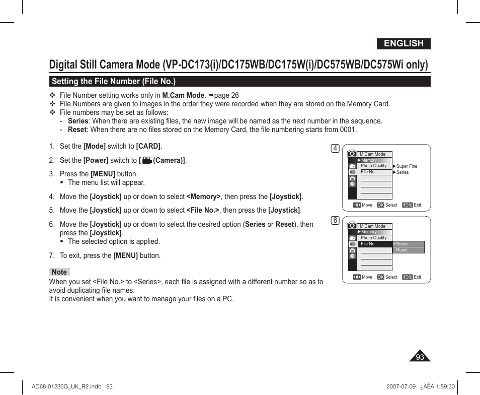 Setting the file number (file no.), English | Samsung DC575WI User Manual | Page 93 / 132