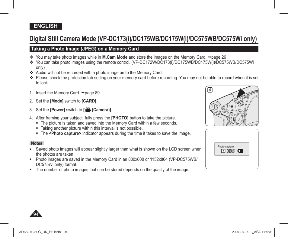 Taking a photo image (jpeg) on a memory card | Samsung DC575WI User Manual | Page 94 / 132