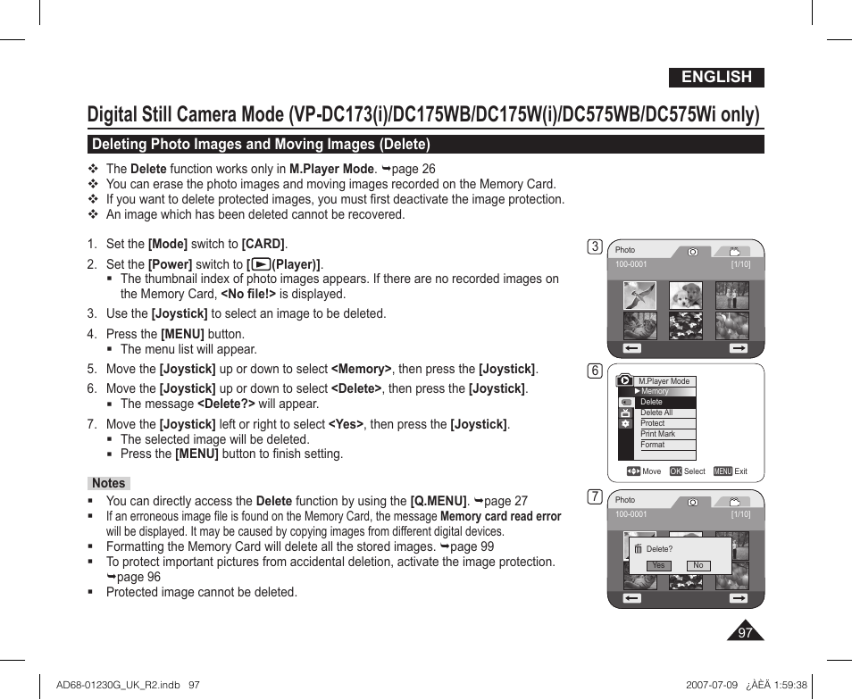 Deleting photo images and moving images (delete), English | Samsung DC575WI User Manual | Page 97 / 132