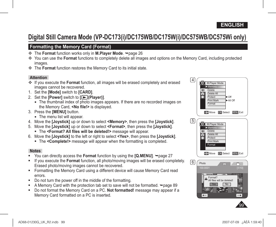 Formatting the memory card (format), English | Samsung DC575WI User Manual | Page 99 / 132